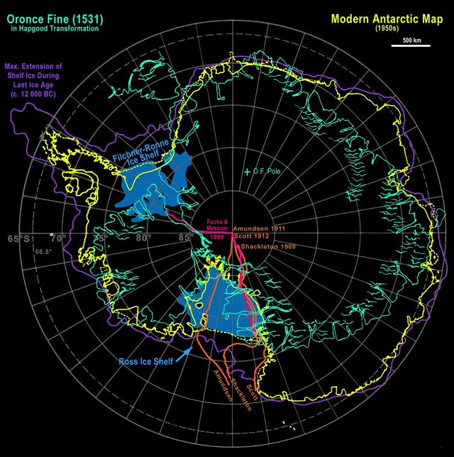 Orontius Finaeus Atlantisforschung De   640px Antarctica 1531 Modern Tracks 